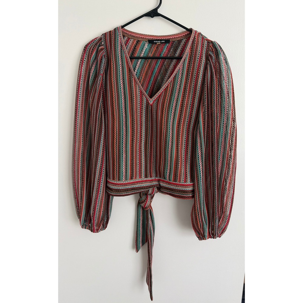 Sugarlips Multi-Color Striped Tie Front Open Back Puff Sleeve Blouse XS Crochet